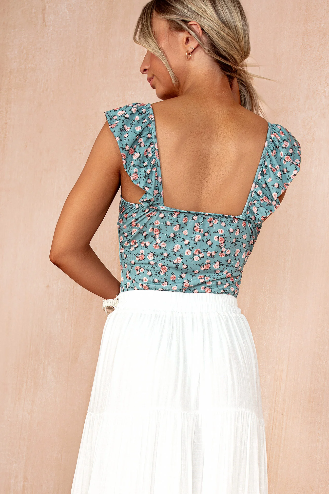 Frankie Sage Ditsy Print Frill Sleeve Bodysuit - Weharma