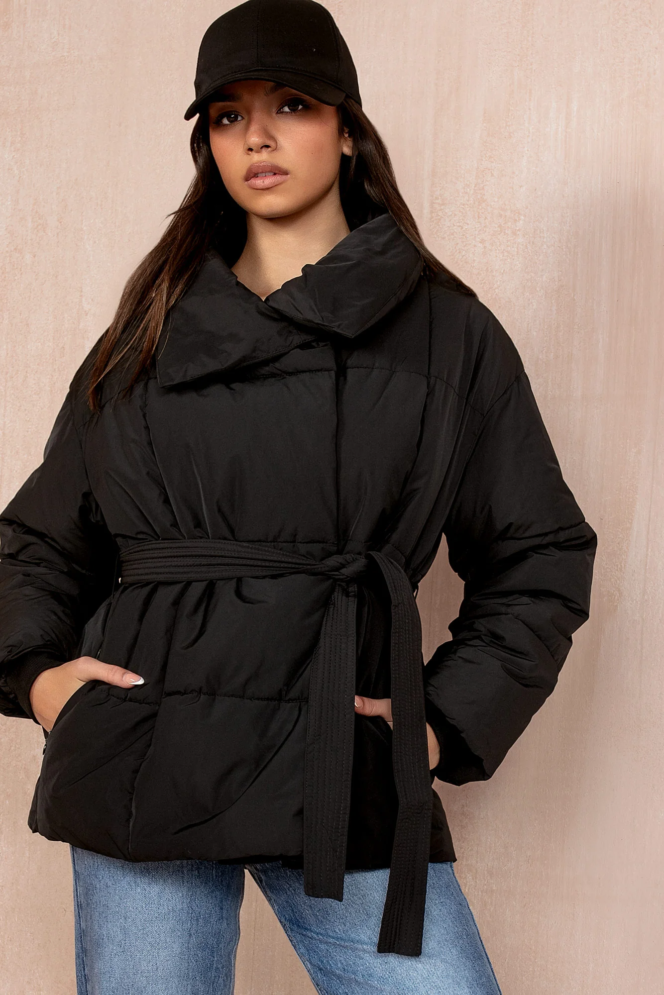 Larisa Black Belted Puffer Jacket - Weharma