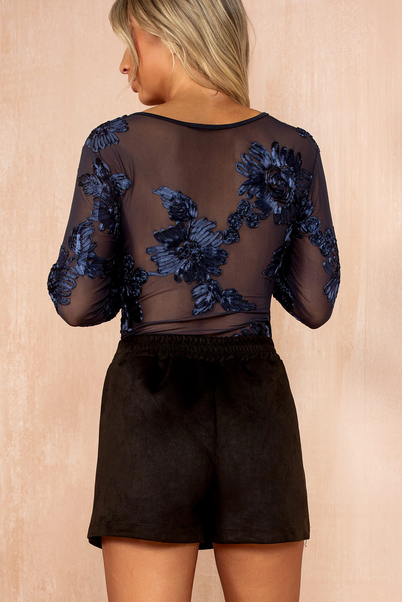 Parker Navy Mesh Floral Devore Bodysuit - Weharma