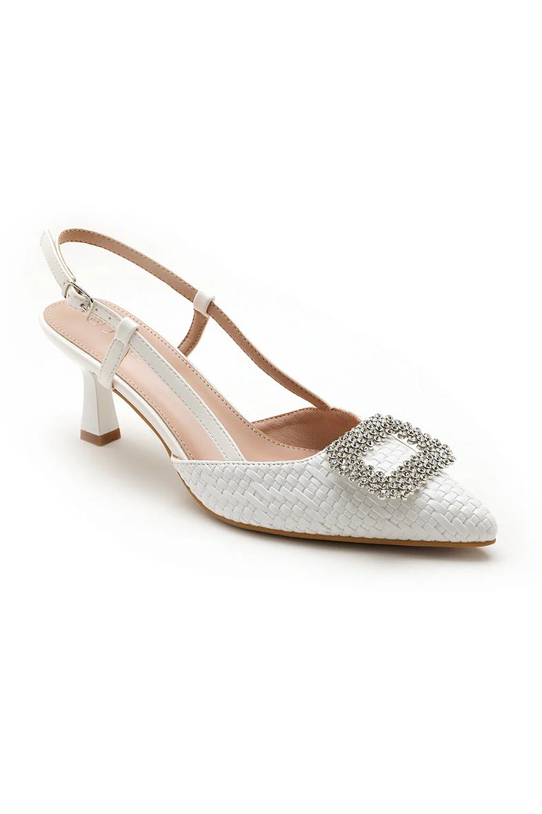 Tatianna White Metallic Woven Kitten Heels - Weharma