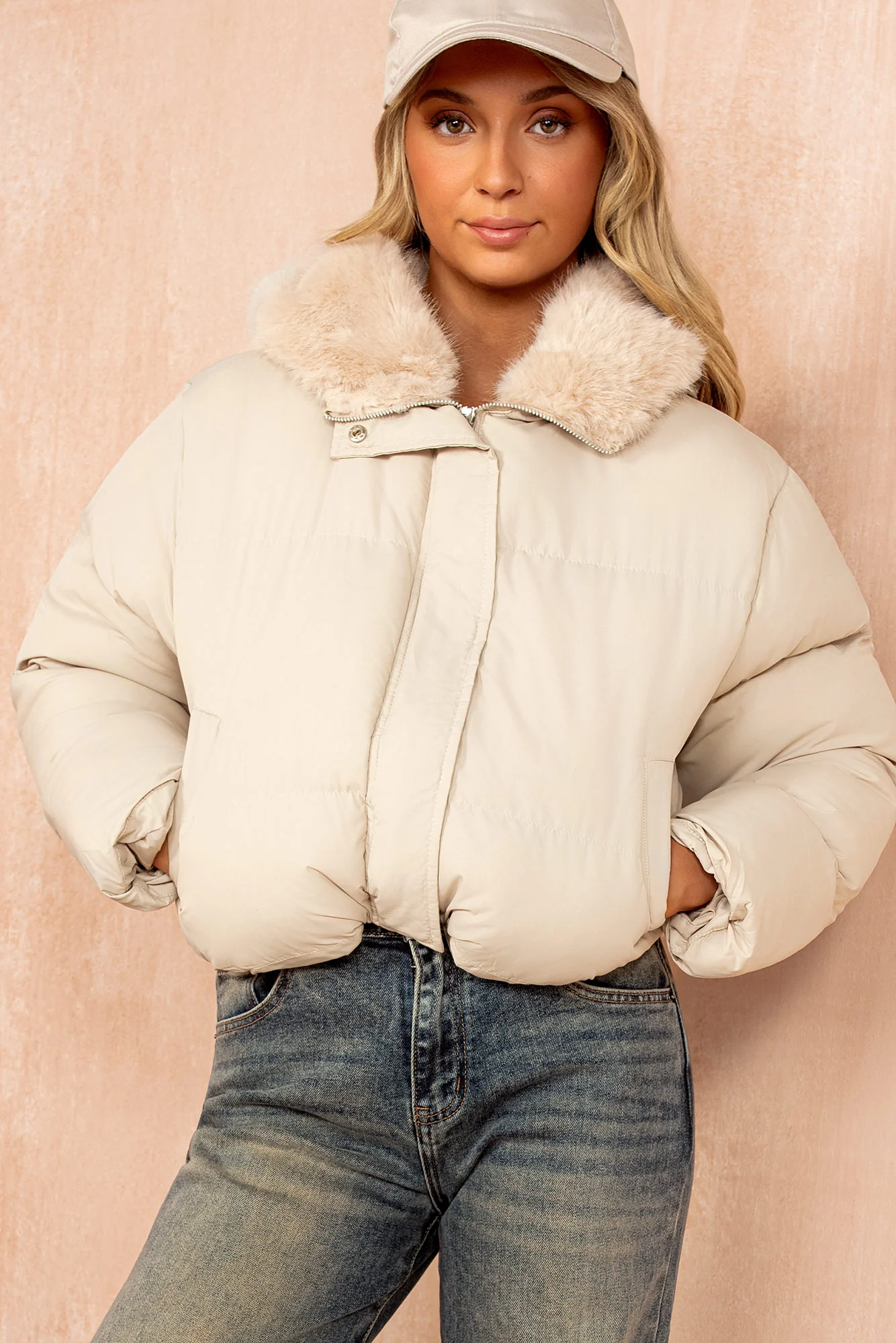 Cassie Cream Faux Fur Hooded Puffer Jacket - Weharma