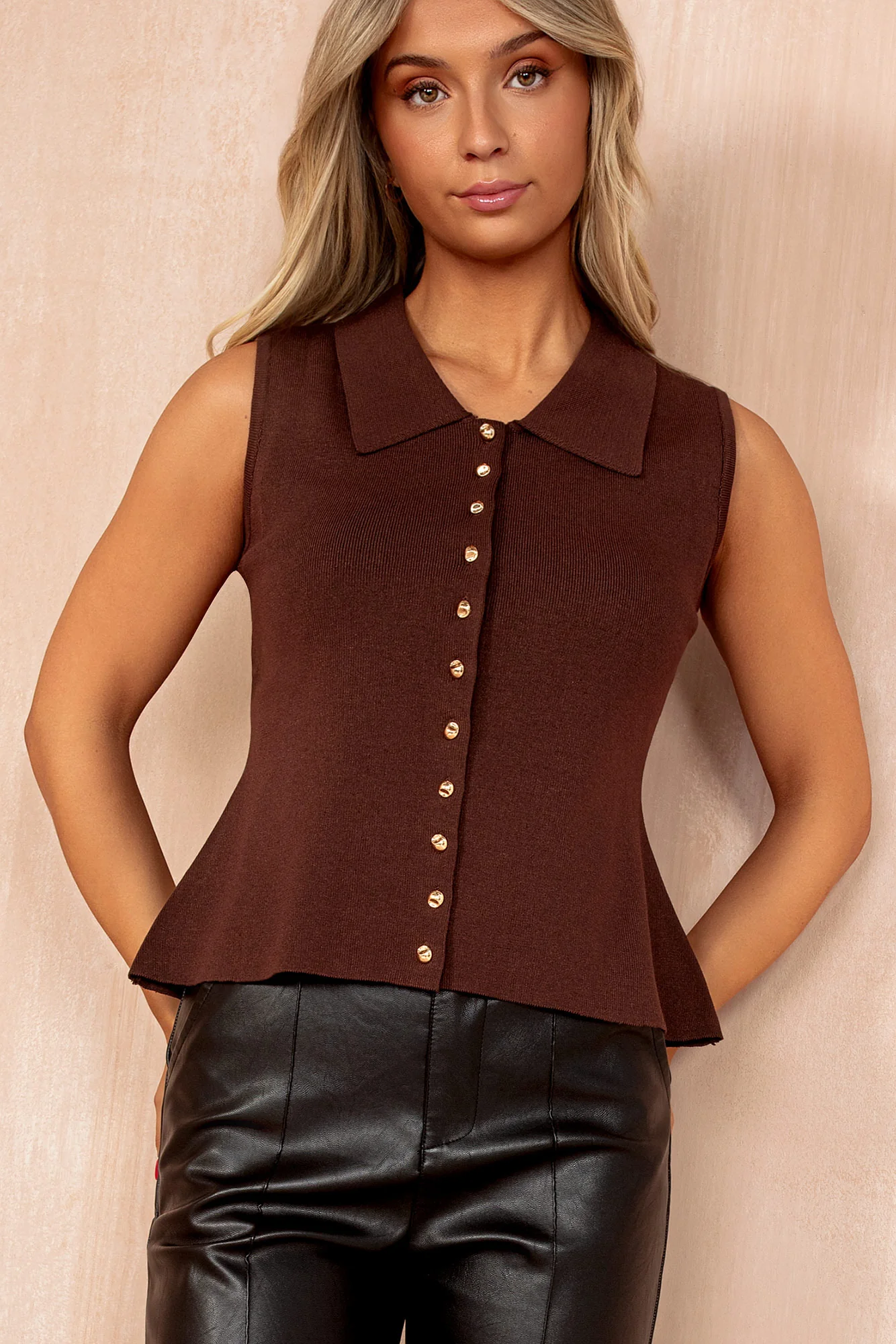Nancy Chocolate Knit Sleeveless Fitted Top - Weharma