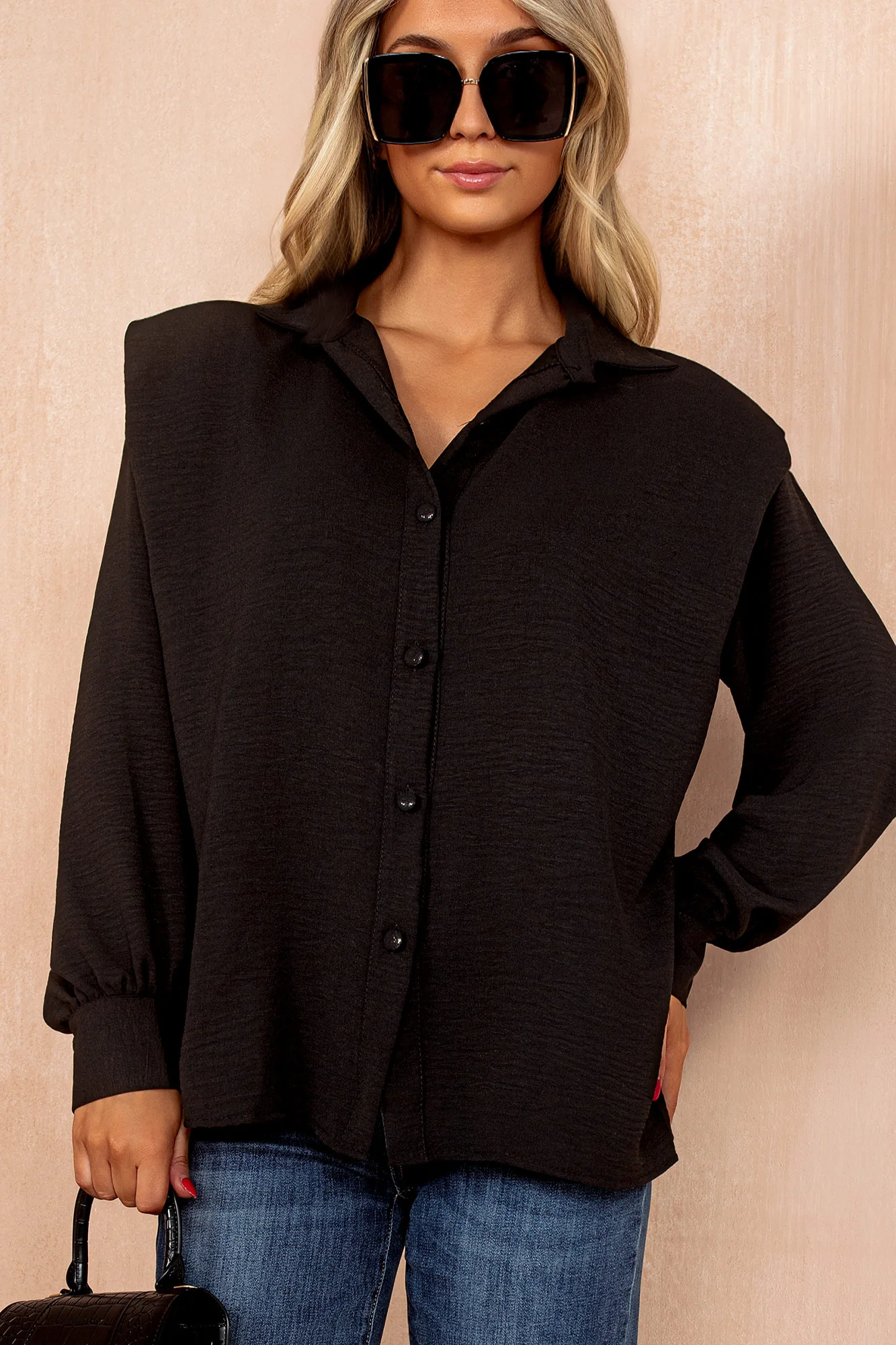 Glenda Black Shoulder Pad Oversized Shirt - Weharma