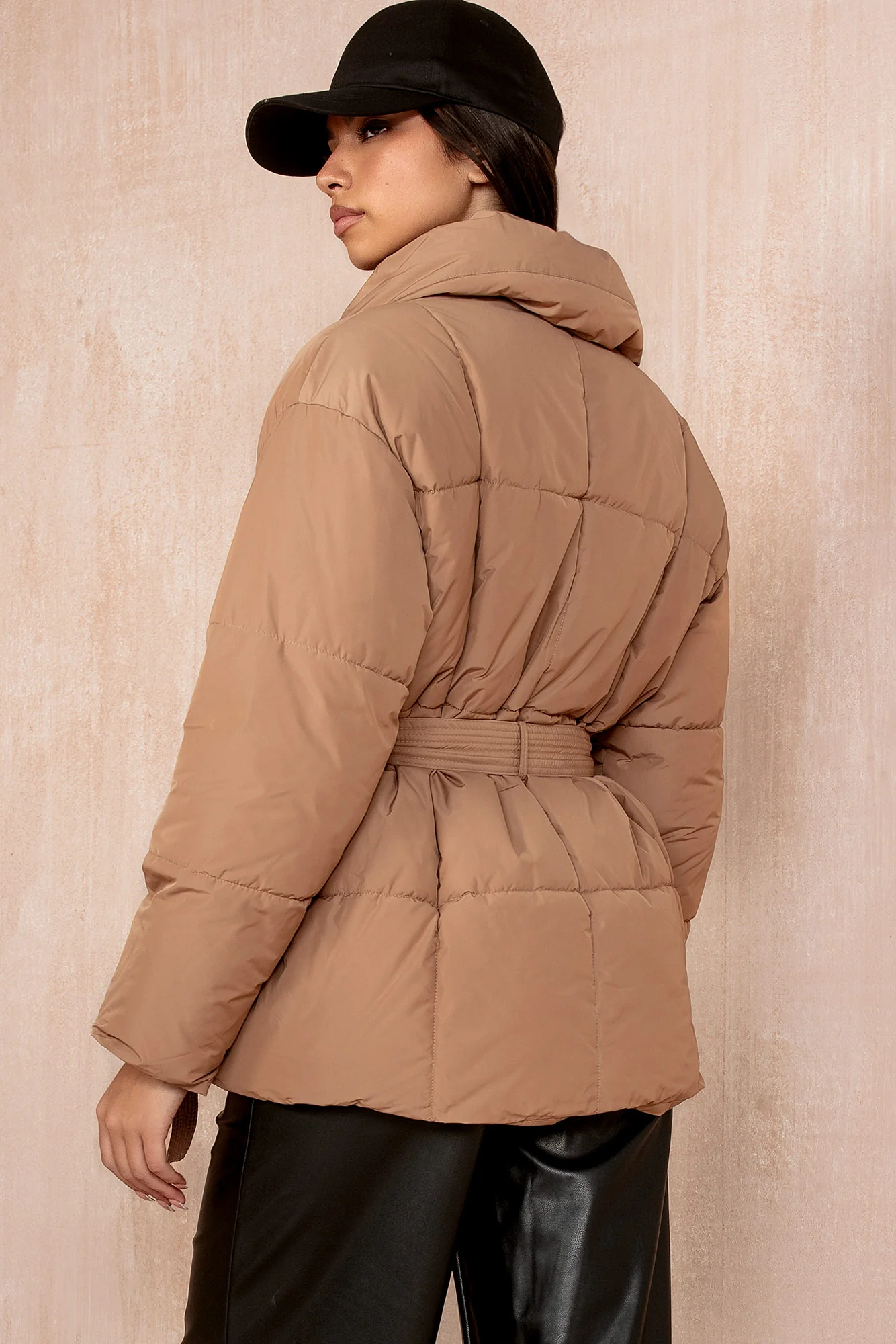 Larisa Camel Belted Puffer Jacket - Weharma