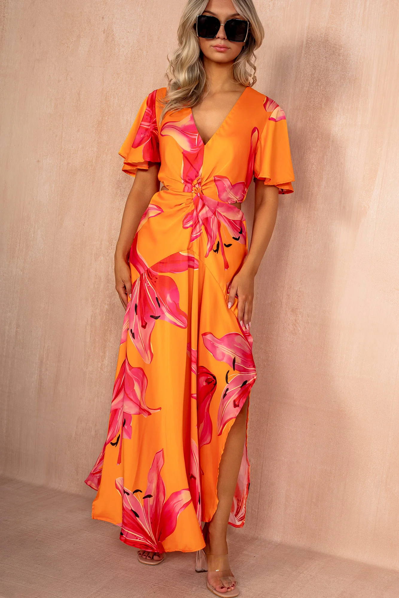 Josie Orange Satin Cut Out Midi Dress - Weharma