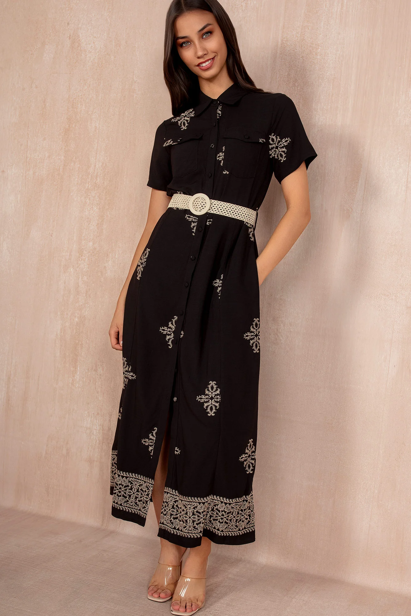 Solene Black Embroidered Shirt Dress - Weharma