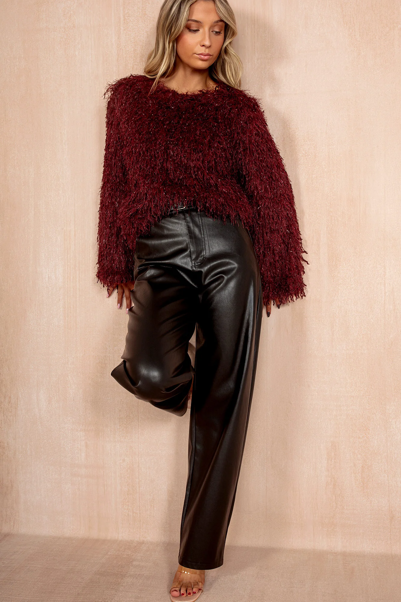 Zuri Burgundy Faux Feather Sparkle Top - Weharma