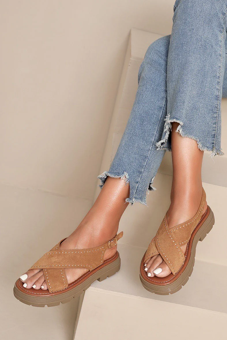 Selina Camel Studded Sandals - Weharma